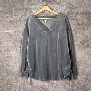Isabel Maternity Shirt Womens Large Grey Velour Long Sleeve V-Neck Side Ruch